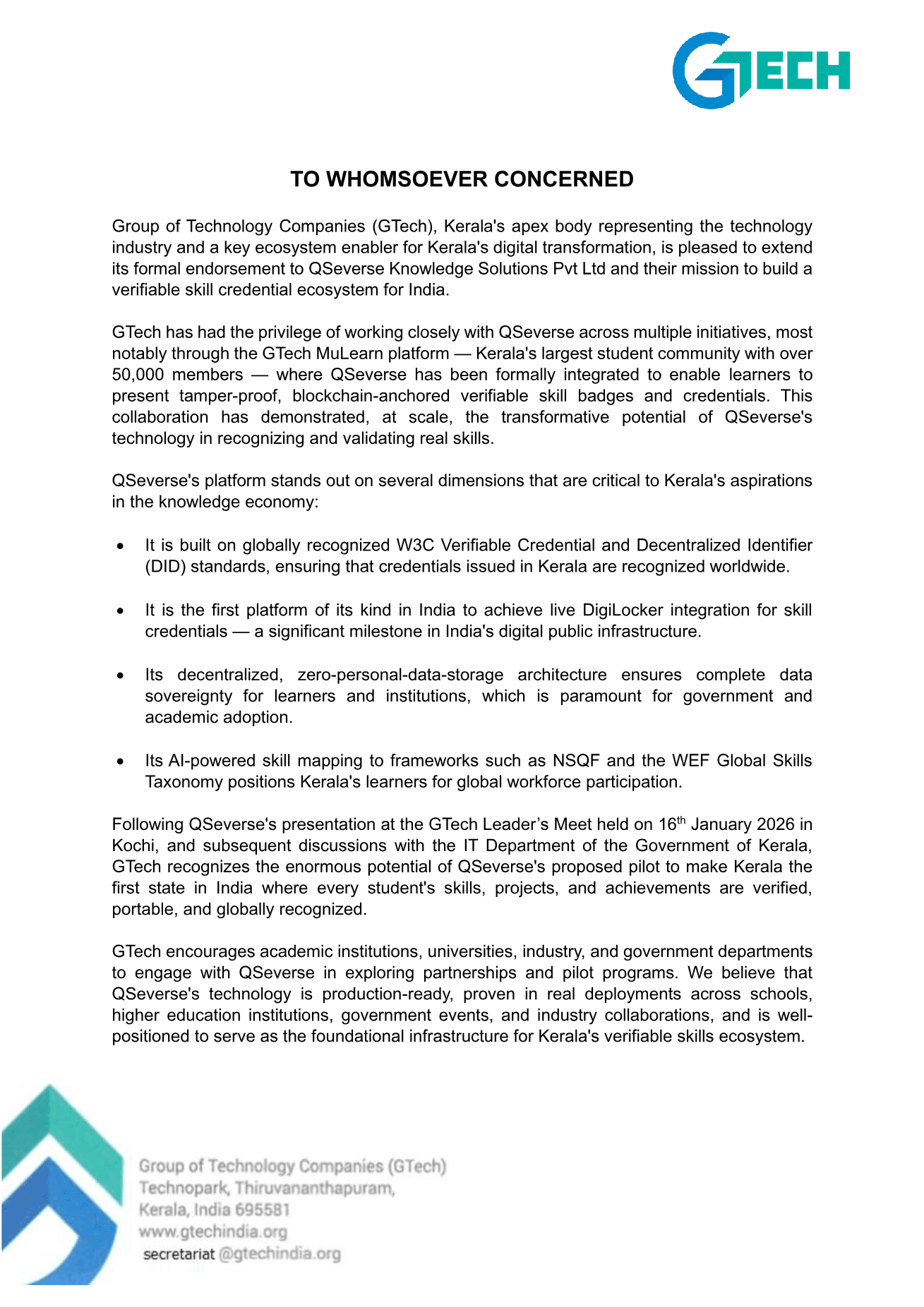GTech endorsement letter, page 1