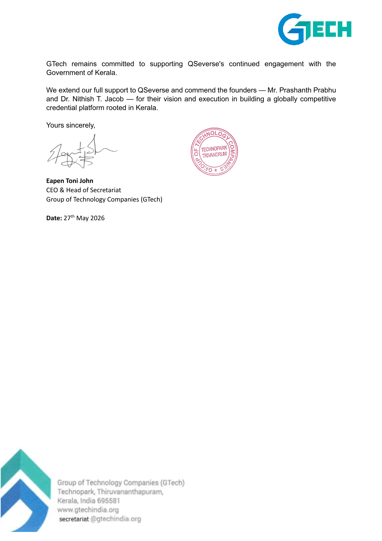 GTech endorsement letter, page 2